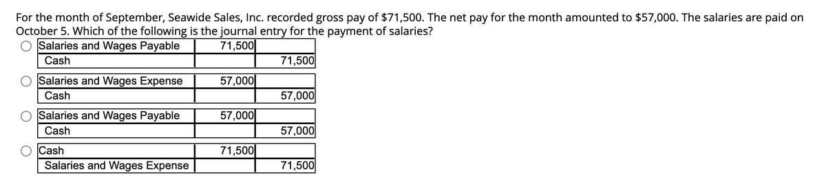 For the month of September, Seawide Sales, Inc. recorded gross pay of $71,500. The net pay for the month amounted to $57,000. The salaries are paid on
October 5. Which of the following is the journal entry for the payment of salaries?
Salaries and Wages Payable
71,500
Cash
Salaries and Wages Expense
Cash
Salaries and Wages Payable
Cash
Cash
Salaries and Wages Expense
57,000
57,000
71,500
71,500
57,000
57,000
71,500