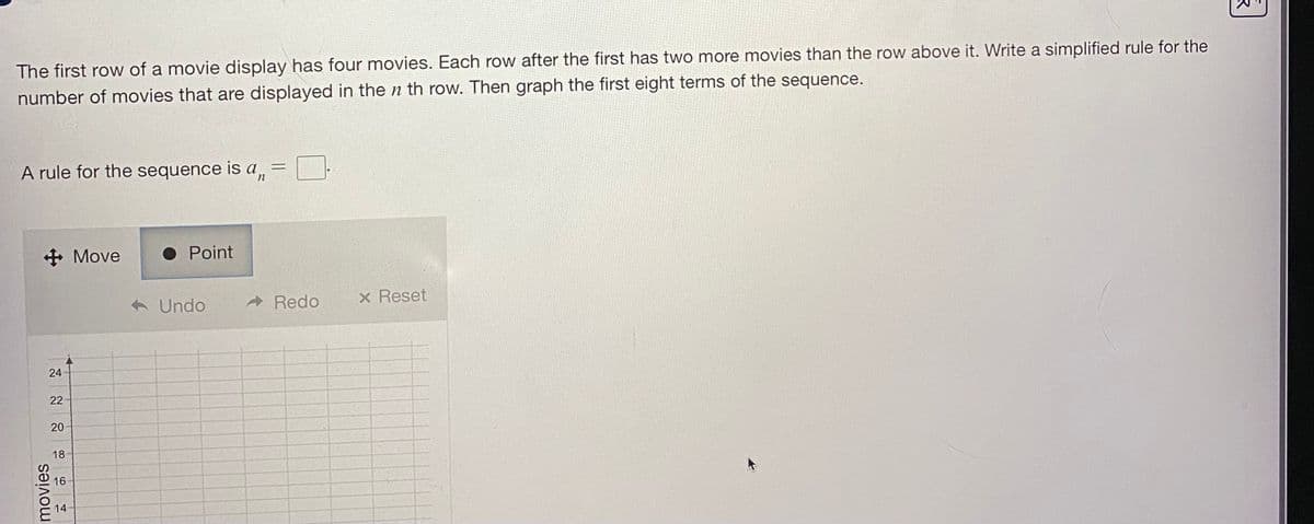 The first row of a movie display has four movies. Each row after the first has two more movies than the row above it. Write a simplified rule for the
number of movies that are displayed in the n th row. Then graph the first eight terms of the sequence.
A rule for the sequence is a,
+ Move
O Point
A Undo
A Redo
x Reset
22
20
18
16
14
movies
24
