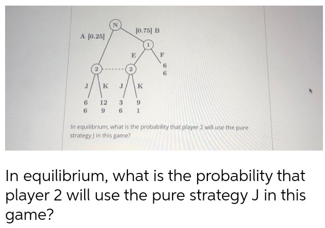 10.75] B
A (0.25]
E
6.
K
K
6.
12
3 9
6 9 6 1
In equilibrium, what is the probability that player 2 will use the pure
strategy J in this game?
In equilibrium, what is the probability that
player 2 will use the pure strategy J in this
game?
