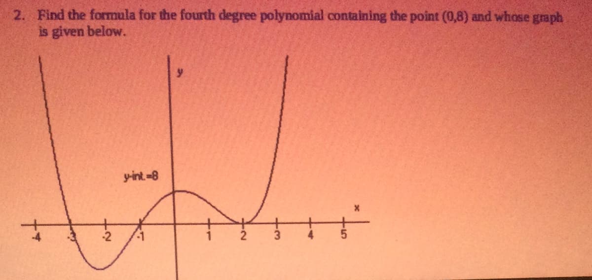 2. Find the formula for the fourth degree polynomial containing the point (0,8) and whose graph
is given below.
y-int-8
-1
3.
