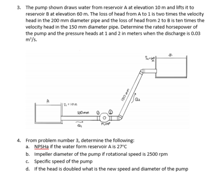 3. The pump shown draws water from reservoir A at elevation 10 m and lifts it to
reservoir B at elevation 60 m. The loss of head from A to 1 is two times the velocity
head in the 200 mm diameter pipe and the loss of head from 2 to B is ten times the
velocity head in the 150 mm diameter pipe. Determine the rated horsepower of
the pump and the pressure heads at 1 and 2 in meters when the discharge is 0.03
m/s.
A
| 2, 1om
200mm
FUMP
4. From problem number 3, determine the following:
a. NPSHa if the water form reservoir A is 27°C
b. Impeller diameter of the pump if rotational speed is 2500 rpm
c. Specific speed of the pump
d. If the head is doubled what is the new speed and diameter of the pump
