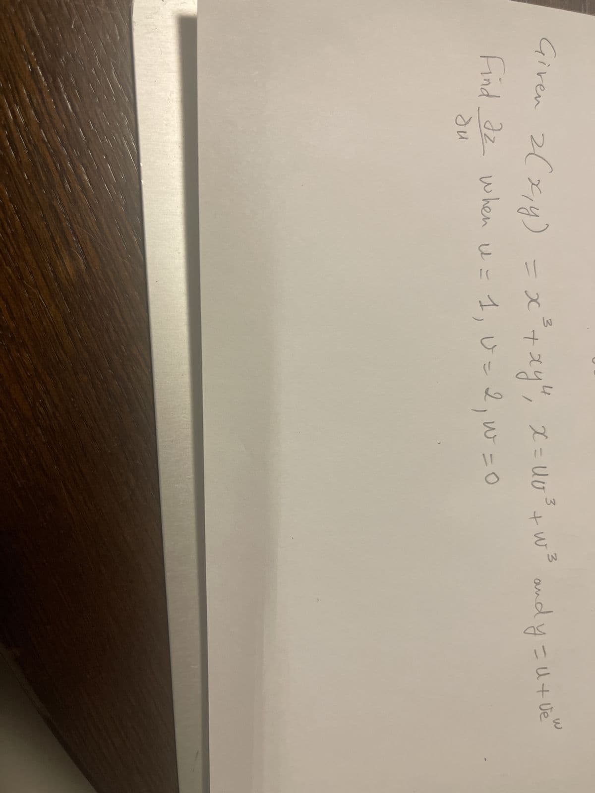 s
Find az when u = 1₁ v = 2₁ w = 0
ди
Given z(x₁y) = x²³ + xy², x = UV ²³ +w²³ andy = U+ ve
3
3
3