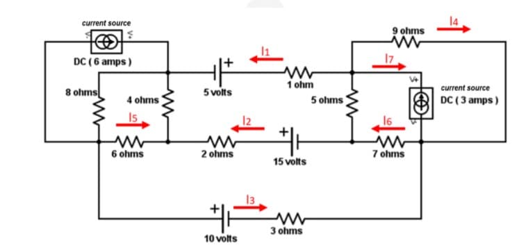 current source
14
9 ohms
DC (6 amps )
1 ohm
current source
8 ohms
5 volts
4 ohms
5 ohms
DC ( 3 amps )
15
16
6 ohms
2 ohms
7 ohms
15 volts
13
3 ohms
10 volts
