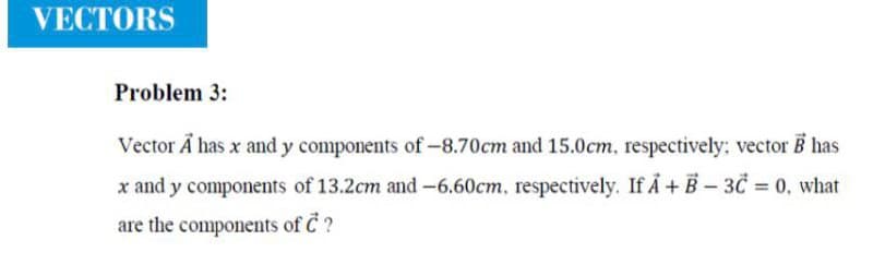 VECTORS
Problem 3:
Vector A has x and y components of-8.70cm and 15.0cm, respectively: vector B has
x and y components of 13.2cm and -6.60cm, respectively. If A+ B – 3Č = 0, what
are the components of C ?
