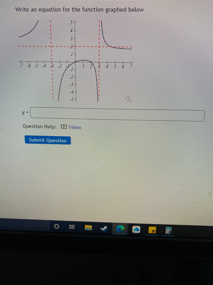 Write an equation for the function graphed below
5+
4.
-7 -6 -5 -4
-2
-1
4
-2-
-3.
-4
-5-
y =
Question Help: Video
Submit Question
