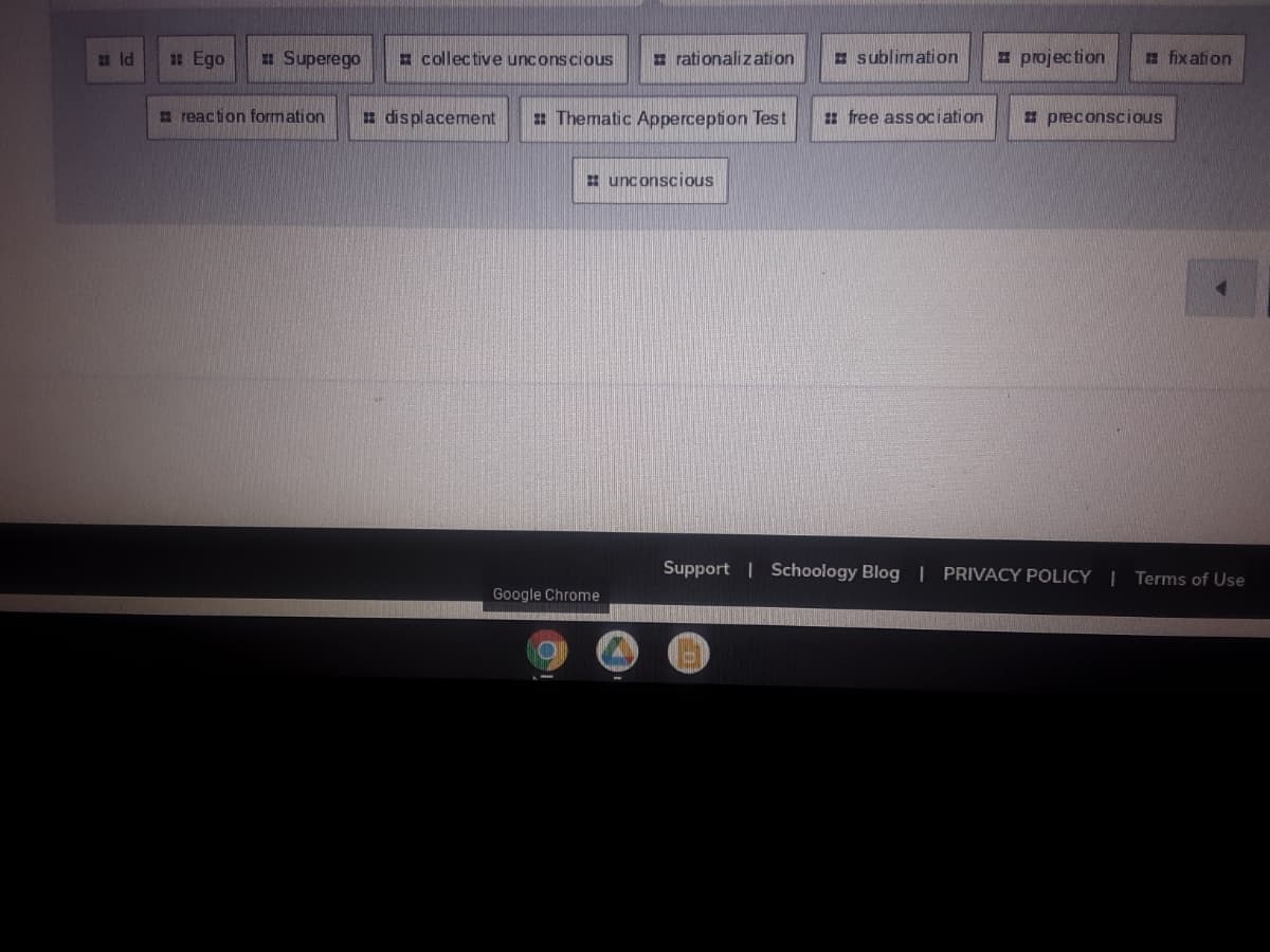 ld
1 Ego
I Superego
= collective uncons cious
I rationalization
E sublimation
= projection
a fix ation
2 reaction formation
displacement
: Thematic Apperception Test
free association
= preconscious
E unconscious
Support | Schoology Blog | PRIVACY POLICY I Terms of Use
Google Chrome
