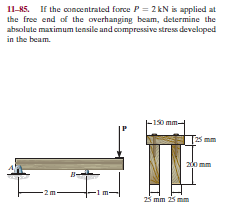 11-85. If the concentrated force P = 2 kN is applied at
the free end of the overhanging beam, determine the
absolute maximum tensile and compressive stress developed
in the beam.
-130mm-
5 mm
200 mm
25 mm 25 mm
