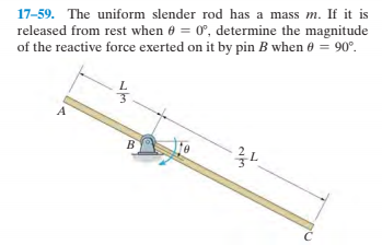 17-59. The uniform slender rod has a mass m. If it is
released from rest when 0 = 0°, determine the magnitude
of the reactive force exerted on it by pin B when 0 = 90°.
w/
