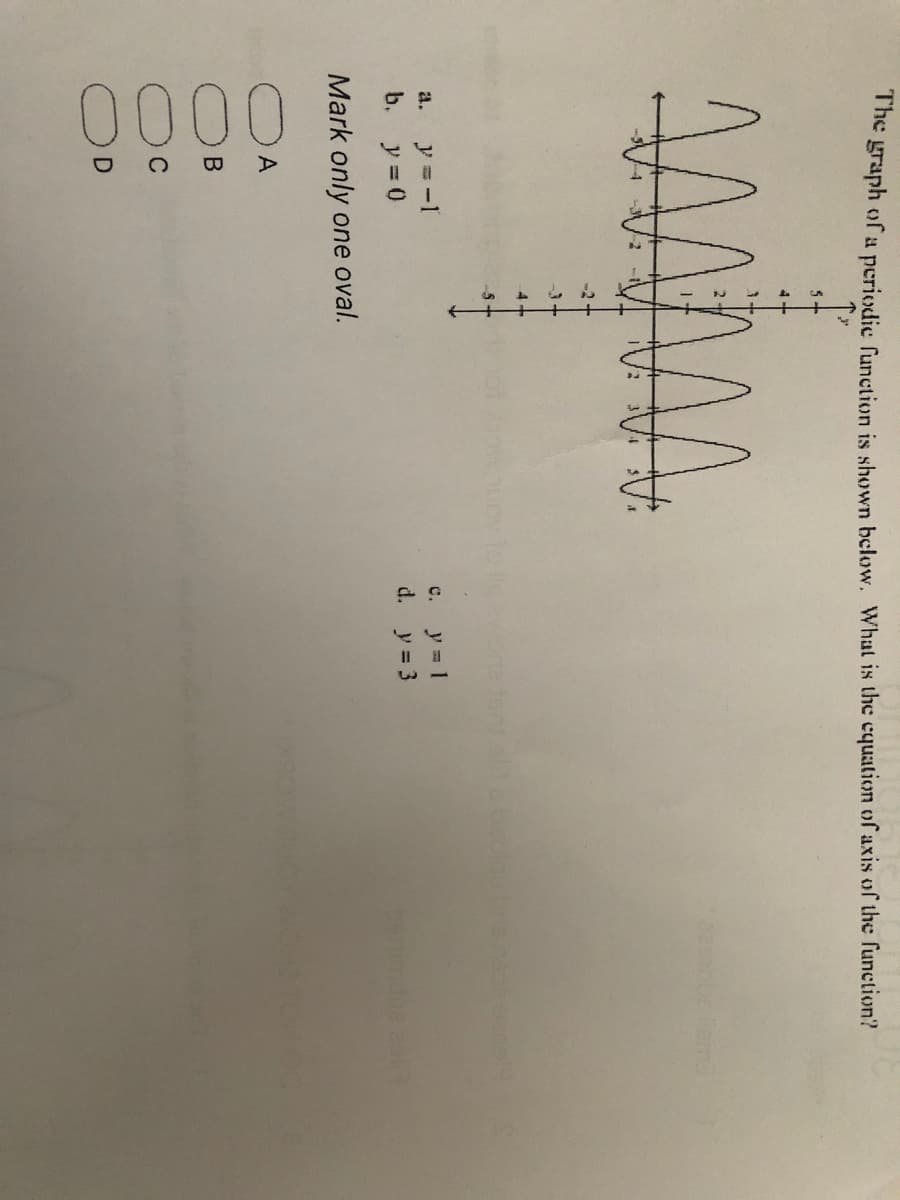 0000
The graph ofa periodie function is shown bclow. What is the equation of axis of the function?
5-
wone tent alebed
y = -1
b. y=0
a.
c.
d. y = 3
Mark only one oval.
C
