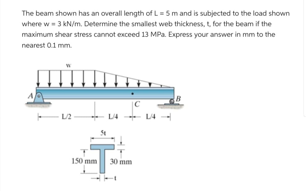 The beam shown has an overall length of L = 5 m and is subjected to the load shown
where w = 3 kN/m. Determine the smallest web thickness, t, for the beam if the
maximum shear stress cannot exceed 13 MPa. Express your answer in mm to the
nearest 0.1 mm.
A
W
L/2
C
L/4 * L/4
5t
T
150 mm
30 mm
B