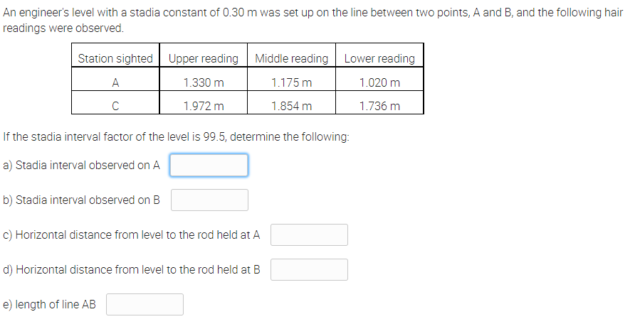 An engineer's level with a stadia constant of 0.30 m was set up on the line between two points, A and B, and the following hair
readings were observed.
Station sighted
Upper reading
Middle reading Lower reading
1.330 m
1.175 m
1.020 m
C
1.972 m
1.854 m
1.736 m
If the stadia interval factor of the level is 99.5, determine the following:
a) Stadia interval observed on A
b) Stadia interval observed on B
c) Horizontal distance from level to the rod held at A
d) Horizontal distance from level to the rod held at B
e) length of line AB
