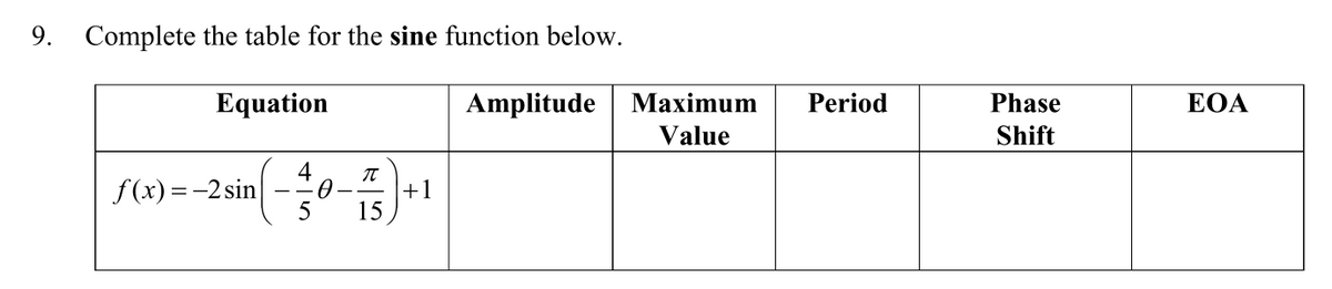 9. Complete the table for the sine function below.
Equation
Amplitude
Мaximum
Period
Phase
EOA
Value
Shift
S(1)= -2sin -0-*1
4
