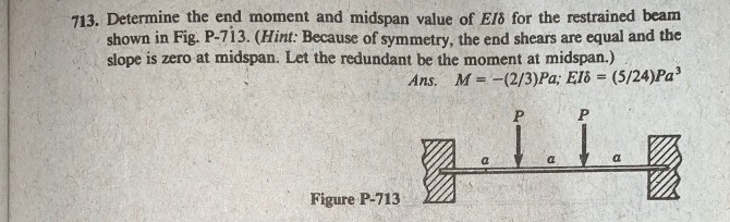 713. Determine the end moment and midspan value of El6 for the restrained beam
shown in Fig. P-713. (Hint: Because of symmetry, the end shears are equal and the
slope is zero at midspan. Let the redundant be the moment at midspan.)
Ans. M =-(2/3)Pa; Elô
(5/24)Pa
Figure P-713
