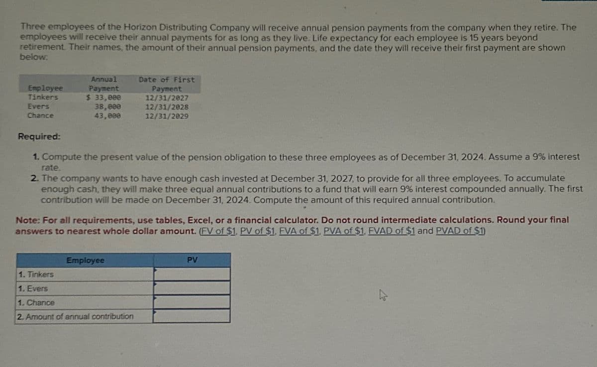 Three employees of the Horizon Distributing Company will receive annual pension payments from the company when they retire. The
employees will receive their annual payments for as long as they live. Life expectancy for each employee is 15 years beyond
retirement. Their names, the amount of their annual pension payments, and the date they will receive their first payment are shown
below.
Employee
Tinkers
Evers
Chance
Annual
Payment
$ 33,000
38,000
43,000
Required:
1. Compute the present value of the pension obligation to these three employees as of December 31, 2024. Assume a 9% interest
rate.
2. The company wants to have enough cash invested at December 31, 2027, to provide for all three employees. To accumulate
enough cash, they will make three equal annual contributions to a fund that will earn 9% interest compounded annually. The first
contribution will be made on December 31, 2024. Compute the amount of this required annual contribution.
Date of First
Payment
12/31/2027
12/31/2028
12/31/2029
Note: For all requirements, use tables, Excel, or a financial calculator. Do not round intermediate calculations. Round your final
answers to nearest whole dollar amount. (FV of $1. PV of $1, FVA of $1. PVA of $1. FVAD of $1 and PVAD of $1)
Employee
1. Tinkers
1. Evers
1. Chance
2. Amount of annual contribution
PV