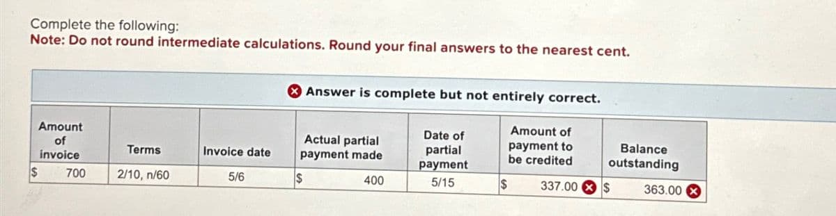 Complete the following:
Note: Do not round intermediate calculations. Round your final answers to the nearest cent.
Amount
of
invoice
700
$
Terms
2/10, n/60
Invoice date
5/6
Answer is complete but not entirely correct.
Amount of
payment to
be credited
Actual partial
payment made
$
400
Date of
partial
payment
5/15
$
337.00
Balance
outstanding
S
363.00