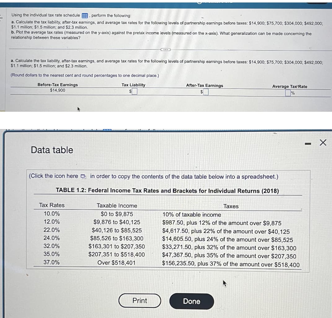 Using the individual tax rate schedule, perform the following:
a. Calculate the tax liability, after-tax earnings, and average tax rates for the following levels of partnership earnings before taxes: $14,900; $75,700; $304,000; $492,000;
$1.1 million; $1.5 million; and $2.3 million.
b. Plot the average tax rates (measured on the y-axis) against the pretax income levels (measured on the x-axis). What generalization can be made concerning the
relationship between these variables?
a. Calculate the tax liability, after-tax earnings, and average tax rates for the following levels of partnership earnings before taxes: $14,900; $75,700; $304,000; $492,000;
$1.1 million; $1.5 million; and $2.3 million.
(Round dollars to the nearest cent and round percentages to one decimal place.)
Before-Tax Earnings
$14,900
Tax Liability
$
Data table
----
Tax Rates
10.0%
12.0%
22.0%
24.0%
32.0%
35.0%
37.0%
C
(...)
Taxable Income
$0 to $9,875
$9,876 to $40,125
$40,126 to $85,525
$85,526 to $163,300
$163,301 to $207,350
$207,351 to $518,400
Over $518,401
(Click the icon here in order to copy the contents of the data table below into a spreadsheet.)
TABLE 1.2: Federal Income Tax Rates and Brackets for Individual Returns (2018)
Print
After-Tax Earnings
$
Average Tax Rate
%
Taxes
Done
10% of taxable income
$987.50, plus 12% of the amount over $9,875
$4,617.50, plus 22% of the amount over $40,125
$14,605.50, plus 24% of the amount over $85,525
$33,271.50, plus 32% of the amount over $163,300
$47,367.50, plus 35% of the amount over $207,350
$156,235.50, plus 37% of the amount over $518,400
-
X