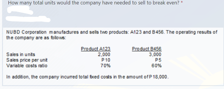 How many total units would the company have needed to sell to break even? *
NUBD Corporation manufadures and sells two products: A123 and B456. The operating results of
the company are as follows:
Product A123
2,000
Product B456
3,000
Sales in units
P10
P5
Sales price per unit
Variable costs ratio
70%
60%
In addition, the com pany incured total fixed costs in the amount of P 18,000.
