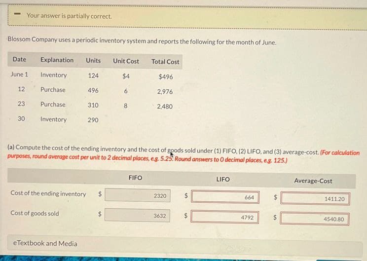 Your answer is partially correct.
Blossom Company uses a periodic inventory system and reports the following for the month of June.
Date
Explanation Units
Unit Cost
Total Cost
June 1
Inventory
124
$4
$496
12
Purchase
496
6
2,976
23 Purchase
310
8
2,480
30
Inventory
290
(a) Compute the cost of the ending inventory and the cost of goods sold under (1) FIFO, (2) LIFO, and (3) average-cost. (For calculation
purposes, round average cost per unit to 2 decimal places, e.g. 5.25. Round answers to O decimal places, e.g. 125.)
Cost of the ending inventory
Cost of goods sold
eTextbook and Media
FIFO
2320
3632
A
LIFO
664
4792
A
Average-Cost
1411.20
4540.80