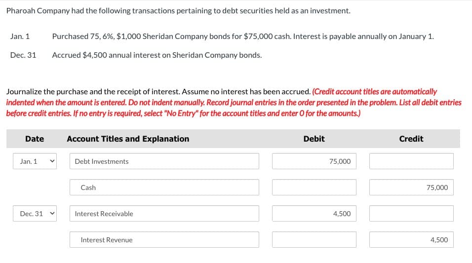 Pharoah Company had the following transactions pertaining to debt securities held as an investment.
Jan. 1
Dec. 31
Purchased 75, 6%, $1,000 Sheridan Company bonds for $75,000 cash. Interest is payable annually on January 1.
Accrued $4,500 annual interest on Sheridan Company bonds.
Journalize the purchase and the receipt of interest. Assume no interest has been accrued. (Credit account titles are automatically
indented when the amount is entered. Do not indent manually. Record journal entries in the order presented in the problem. List all debit entries
before credit entries. If no entry is required, select "No Entry" for the account titles and enter O for the amounts.)
Date
Account Titles and Explanation
Jan. 1
Debt Investments
Cash
Dec. 31
Interest Receivable
Interest Revenue
Debit
75,000
4,500
Credit
75,000
4,500