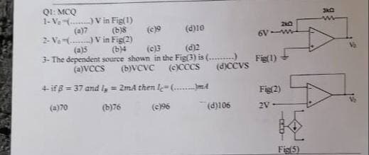 QI: MCQ
1- Ve V in Fig(1)
(a)7
2- Ve ... V in Fig(2)
(a)5
(b)8
(c)9
(d)10
(b)4
(c)3
3- The dependent source shown in the Fig(3) is (........)
(b)VCVC (cCcCS
(d)2
(a)vccs
(d)CCVS
Fig(1)
4-if = 37 and I = 2mA then l=(.....m4
Fig(2)
(a)70
(b)76
(c96
(d)106
2V
Fig5)
