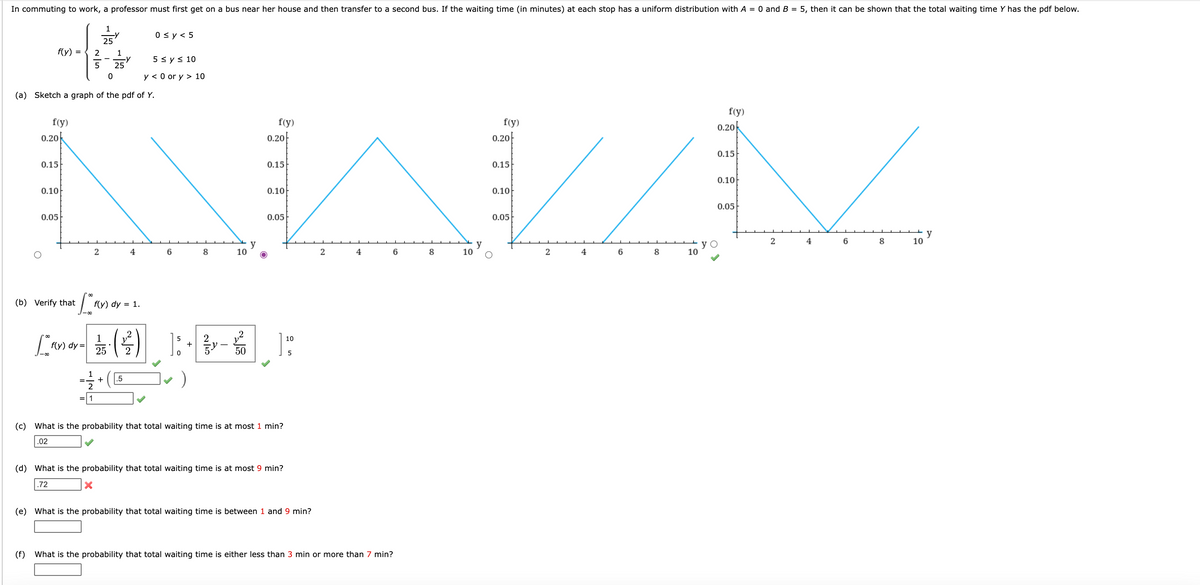 In commuting to work, a professor must first get on a bus near her house and then transfer to a second bus. If the waiting time (in minutes) at each stop has a uniform distribution with A = 0 and B = 5, then it can be shown that the total waiting time Y has the pdf below.
1
25
0 sy < 5
f(y) =
2
5 < ys 10
25
y < 0 or y > 10
(a) Sketch a graph of the pdf of Y.
f(y)
f(y)
f(y)
f(y)
0.20
0.20
0.20아
0.20
0.15
0.15|
0.15
0.15
0.10
0.10
0.10
0.10
0.05
0.05
0.05
0.05
y
10
4
8
y
10
y
10
2
4
6.
8
10
4
6
8
4
6
8
(b) Verify that
f(y) dy = 1.
1
2
10
f(y) dy =
25
+
2
50
5
+
.5
(c) What is the probability that total waiting time is at most 1 min?
.02
(d) What is the probability that total waiting time is at most 9 min?
.72
(e) What is the probability that total waiting time is between 1 and 9 min?
(f) What is the probability that total waiting time is either less than 3 min or more than 7 min?
