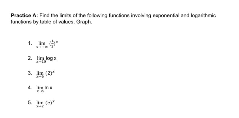 Practice A: Find the limits of the following functions involving exponential and logarithmic
functions by table of values. Graph.
1. lim
X+00
2. lim log x
X-10
3. lim (2)*
X-6
4. lim In x
X-5
5. lim (e)*
X-2
