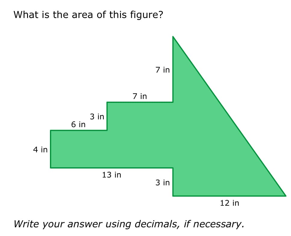 What is the area of this figure?
4 in
6 in
3 in
13 in
7 in
7 in
3 in
12 in
Write your answer using decimals, if necessary.