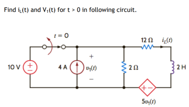 Find iL(t) and V;(t) for t > 0 in following circuit.
t = 0
12 N
ww
+
10 V (+
4 A
v;(t)
2Ω
2H
5v;(1)
