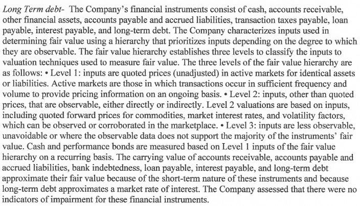 Long Term debt- The Company's financial instruments consist of cash, accounts receivable,
other financial assets, accounts payable and accrued liabilities, transaction taxes payable, loan
payable, interest payable, and long-term debt. The Company characterizes inputs used in
determining fair value using a hierarchy that prioritizes inputs depending on the degree to which
they are observable. The fair value hierarchy establishes three levels to classify the inputs to
valuation techniques used to measure fair value. The three levels of the fair value hierarchy are
as follows: • Level 1: inputs are quoted prices (unadjusted) in active markets for identical assets
or liabilities. Active markets are those in which transactions occur in sufficient frequency and
volume to provide pricing information on an ongoing basis. • Level 2: inputs, other than quoted
prices, that are observable, either directly or indirectly. Level 2 valuations are based on inputs,
including quoted forward prices for commodities, market interest rates, and volatility factors,
which can be observed or corroborated in the marketplace. • Level 3: inputs are less observable,
unavoidable or where the observable data does not support the majority of the instruments’ fair
value. Cash and performance bonds are measured based on Level 1 inputs of the fair value
hierarchy on a recurring basis. The carrying value of accounts receivable, accounts payable and
accrued liabilities, bank indebtedness, loan payable, interest payable, and long-term debt
approximate their fair value because of the short-term nature of these instruments and because
long-term debt approximates a market rate of interest. The Company assessed that there were no
indicators of impairment for these financial instruments.
