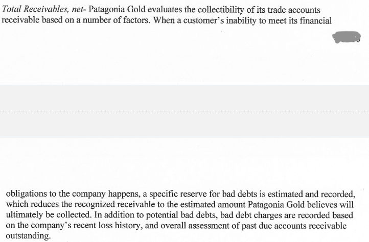 Total Receivables, net- Patagonia Gold evaluates the collectibility of its trade accounts
receivable based on a number of factors. When a customer's inability to meet its financial
obligations to the company happens, a specific reserve for bad debts is estimated and recorded,
which reduces the recognized receivable to the estimated amount Patagonia Gold believes will
ultimately be collected. In addition to potential bad debts, bad debt charges are recorded based
on the company's recent loss history, and overall assessment of past due accounts receivable
outstanding.
