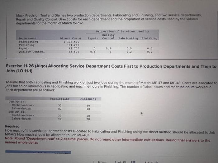 Mack Precision Tool and Die has two production departments, Fabricating and Finishing, and two service departments.
Repair and Quality Control. Direct costs for each department and the proportion of service costs used by the various
departments for the month of March follow:
Department
Fabricating
Finishing
Repair
Quality Control
Job MP-47:
Machine-hours
Labor-hours
Job MP-48:
Machine-hours
Labor-hours
Direct Costs Repair
$ 137,600
104,200
44,700
83,500
Intan
Exercise 11-26 (Algo) Allocating Service Department Costs First to Production Departments and Then to
Jobs (LO 11-1)
Fabricating
33
83
30
90
Assume that both Fabricating and Finishing work on just two jobs during the month of March: MP-47 and MP-48. Costs are allocated to
jobs based on labor-hours in Fabricating and machine-hours in Finishing. The number of labor-hours and machine-hours worked in
each department are as follows:
0
Proportion of Services Used by
Quality
Control
0.6
80
10
58
28
Finishing
0.2
0
Fabricating Finishing
Prey
0.5
0.2
Required:
How much of the service department costs allocated to Fabricating and Finishing using the direct method should be allocated to Job
MP-47? How much should be allocated to Job MP-48?
Note: Round "Department rate" to 2 decimal places. Do not round other intermediate calculations. Round final answers to the
nearest whole dollar.
0.3
0.2
1 of 10
#
Moud