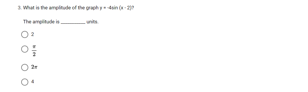 3. What is the amplitude of the graph y = -4sin (x - 2)?
The amplitude is
units.
2
4
