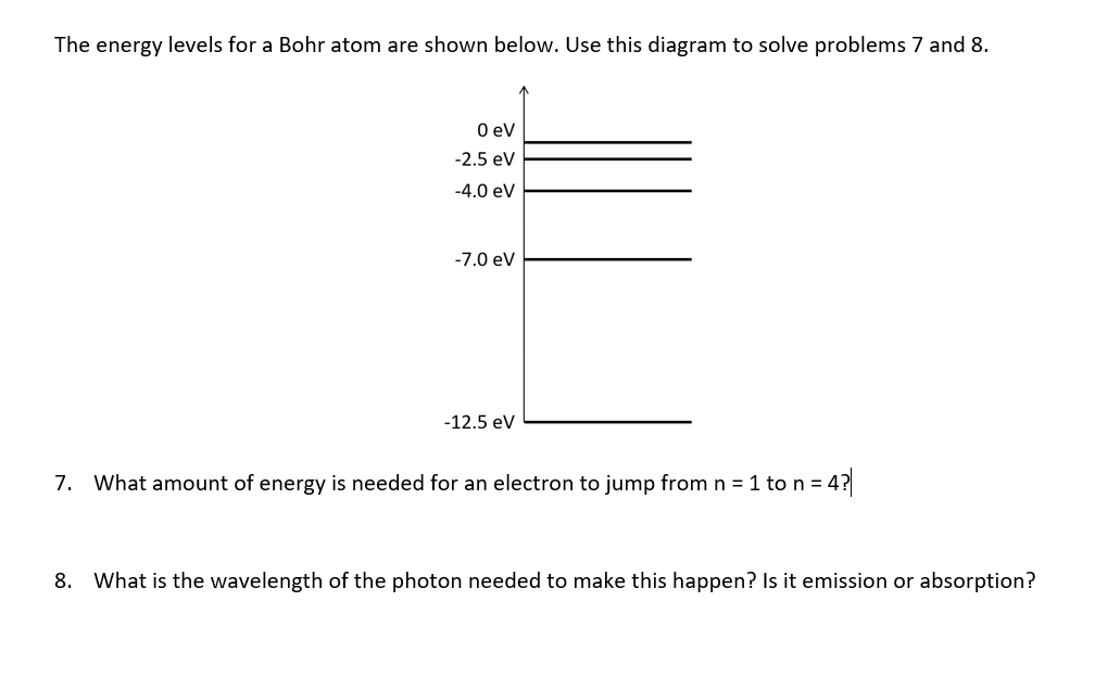 The energy levels for a Bohr atom are shown below. Use this diagram to solve problems 7 and 8.
0 eV
-2.5 eV
-4.0 eV
-7.0 eV
-12.5 eV
7. What amount of energy is needed for an electron to jump from n = 1 to n = 4?
8. What is the wavelength of the photon needed to make this happen? Is it emission or absorption?
