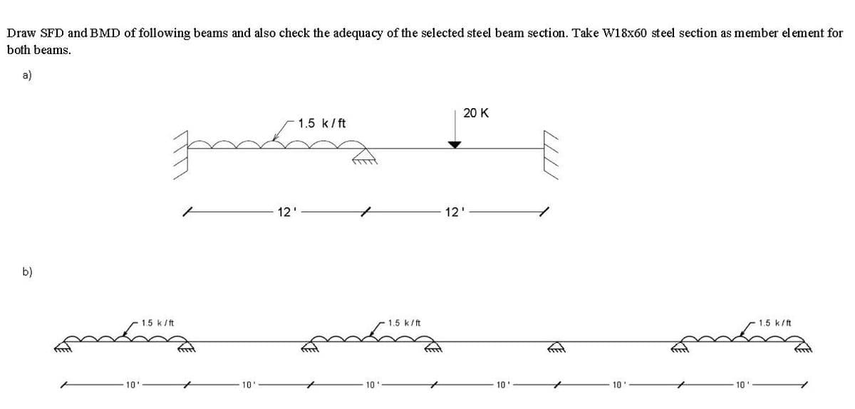 Draw SFD and BMD of following beams and also check the adequacy of the selected steel beam section. Take W18x60 steel section as member element for
both beams.
a)
b)
form
1.5 k/ft
10'
12'
1.5 k/ft
10
- 1.5 k/ft
20 K
12'
10'
t
10
10
1.5 k/ft