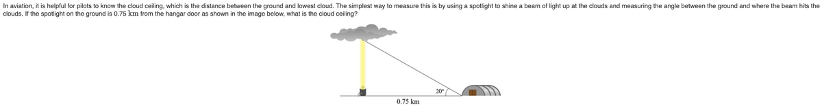 In aviation, it is helpful for pilots to know the cloud ceiling, which is the distance between the ground and lowest cloud. The simplest way to measure this is by using a spotlight to shine a beam of light up at the clouds and measuring the angle between the ground and where the beam hits the
clouds. If the spotlight on the ground is 0.75 km from the hangar door as shown in the image below, what is the cloud ceiling?
20°
0.75 km