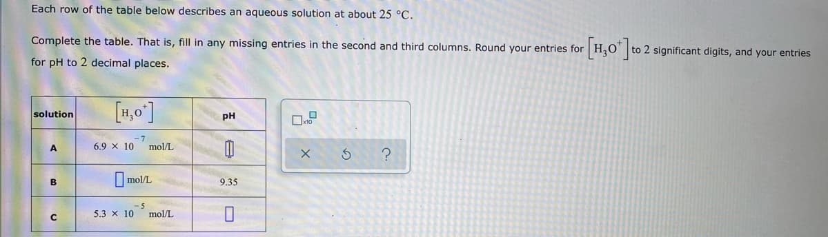 Each row of the table below describes an aqueous solution at about 25 °C.
Complete the table. That is, fill in any missing entries in the second and third columns. Round your entries for
to 2 significant digits, and your entries
for pH to 2 decimal places.
[1,0]
solution
pH
6.9 x 10
mol/L
O mol/L
B
9.35
-5
5.3 x 10
mol/L
