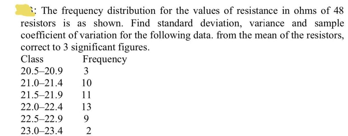 : The frequency distribution for the values of resistance in ohms of 48
resistors is as shown. Find standard deviation, variance and sample
coefficient of variation for the following data. from the mean of the resistors,
correct to 3 significant figures.
Class
Frequency
3
20.5–20.9
21.0–21.4
10
21.5–21.9
11
22.0–22.4
13
22.5–22.9
9.
23.0–23.4
