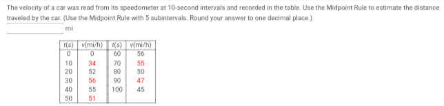 The velocity of a car was read from its speedometer at 10-second intervals and recorded in the table. Use the Midpoint Rule to estimate the distance
traveled by the car. (Use the Midpoint Rule with 5 subintervals. Round your answer to one decimal place.)
mi
t(s)
0
10
20
30
40
50
v(mi/h) t(s) v(mi/h)
0
60 56
34
52
56
55
51
70
80
90
100
55
50
47
45