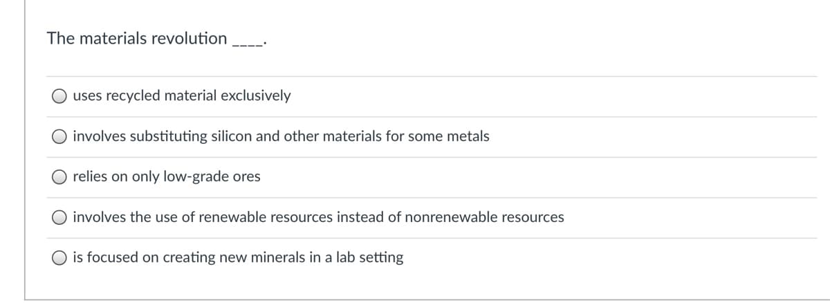 The materials revolution
O uses recycled material exclusively
involves substituting silicon and other materials for some metals
relies on only low-grade ores
O involves the use of renewable resources instead of nonrenewable resources
O is focused on creating new minerals in a lab setting
