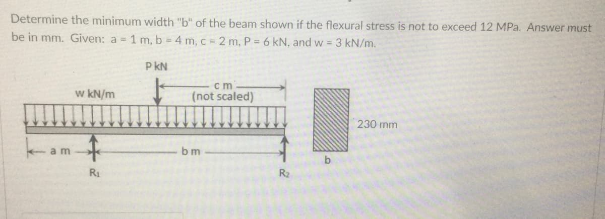 Determine the minimum width "b" of the beam shown if the flexural stress is not to exceed 12 MPa. Answer must
be in mm. Given: a = 1 m, b = 4 m, c = 2 m, P = 6 kN, and w = 3 kN/m.
P kN
w kN/m
c m
(not scaled)
230 mm
a m
b m
R1
R2
