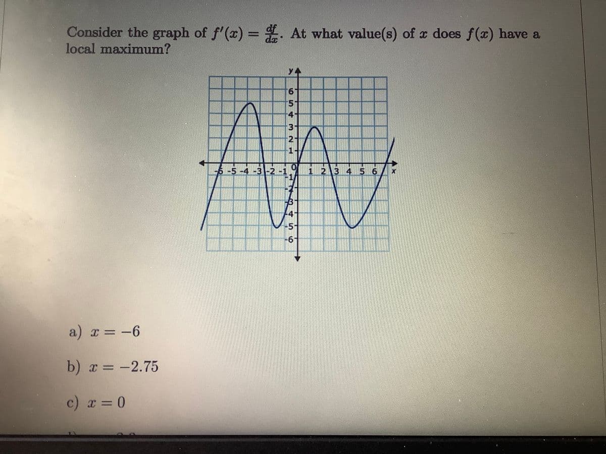 Consider the graph of f'(x) = 4. At what value(s) of x does f(x) have a
local maximum?
do
y4
19.
51
4-
6-5-4 -3-2-1
1 2 3 4 5 6
5-1
-9-
a) x = -6
b) x = -2.75
c) x = 0
O n 寸m
