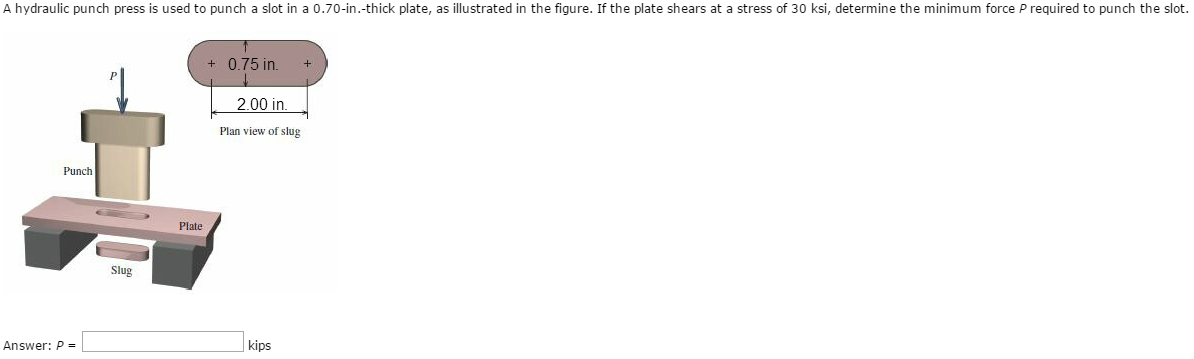 A hydraulic punch press is used to punch a slot in a 0.70-in.-thick plate, as illustrated in the figure. If the plate shears at a stress of 30 ksi, determine the minimum force P required to punch the slot.
Punch
Answer: P =
Slug
Plate
+0.75 in.
2.00 in.
Plan view of slug
kips
+