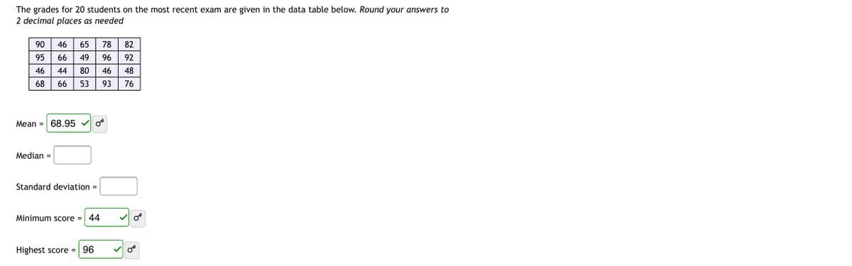The grades for 20 students on the most recent exam are given in the data table below. Round your answers to
2 decimal places as needed
90
46
65
78
82
95
66
92
46
44
80
48
68
66
53
93
76
Mean =
68.95
Median =
Standard deviation =
Minimum score = 44
Highest score =| 96
