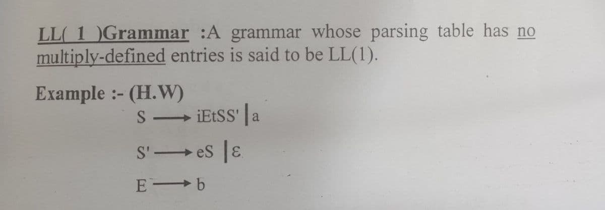 LL 1 )Grammar :A grammar whose parsing table has no
multiply-defined entries is said to be LL(1).
Example :- (H.W)
S- IELSS'
S' es E
