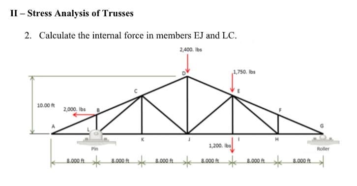 II - Stress Analysis of Trusses
2. Calculate the internal force in members EJ and LC.
2,400. Ibs
1,750. Ibs
10.00 ft
2,000. Ibs
1,200. Ibs
Pin
Roller
8.000 ft k 8.000 ft
k8.000 ftk 8.000 ft.
* 8.000 ft
5.000 ft
