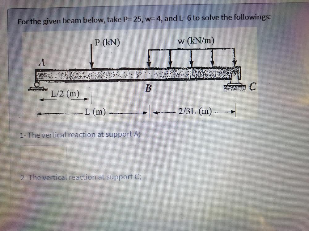 For the given beam below, take P- 25, w- 4, and L-6 to solve the followings:
P (kN)
w (kN/m)
L (m)
2/3L (m).
1-The vertical reaction at support A
2 The vertical reaction at support C;
