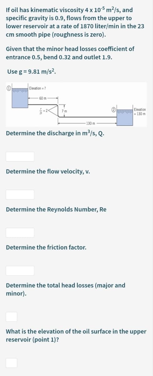 If oil has kinematic viscosity 4 x 10-5 m²/s, and
specific gravity is 0.9, flows from the upper to
lower reservoir at a rate of 1870 liter/min in the 23
cm smooth pipe (roughness is zero).
Given that the minor head losses coefficient of
entrance 0.5, bend 0.32 and outlet 1.9.
Use g = 9.81 m/s².
O Elevation = }
60 m
Elevation
- 130m
130 m
Determine the discharge in m³/s, Q.
Determine the flow velocity, v.
Determine the Reynolds Number, Re
Determine the friction factor.
Determine the total head losses (major and
minor).
What is the elevation of the oil surface in the upper
reservoir (point 1)?
