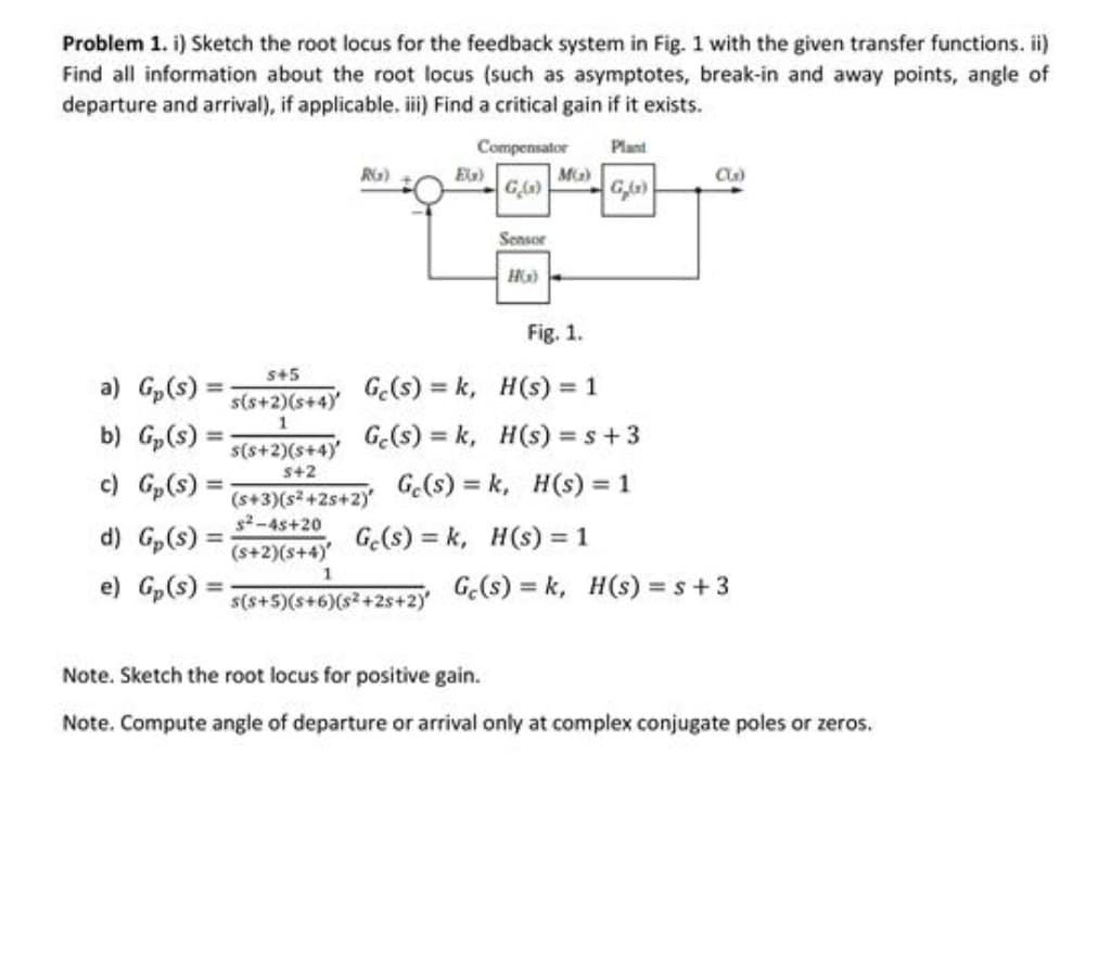 Problem 1. i) Sketch the root locus for the feedback system in Fig. 1 with the given transfer functions. ii)
Find all information about the root locus (such as asymptotes, break-in and away points, angle of
departure and arrival), if applicable. iii) Find a critical gain if it exists.
Compensator
G(s)
a) G₂ (s)
b) Gp(s)
c) G₂ (s):
d) G(s) =
e) Gp(s) =
5+5
s(s+2)(s+4)'
1
RG)
s²-45+20
(s+2)(s+4)*
s(s+2)(s+4)'
S42
(s+3)(s²+2s+2)"
Sensor
HG)
MG)
Fig. 1.
Ge(s)k, H(s) = 1
Ge(s)k, H(s) = s +3
Ge(s)=k, H(s) = 1
1
s(s+5)(s+6)(s²+2s+2)'
Ge(s)k, H(s) = 1
G₂G)
C(₂)
Ge(s)=k, H(s) = s +3
Note. Sketch the root locus for positive gain.
Note. Compute angle of departure or arrival only at complex conjugate poles or zeros.