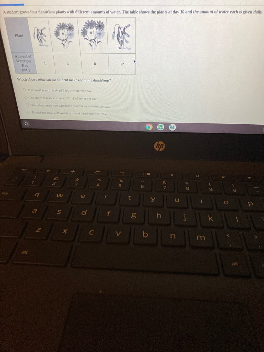 A student grows four dandelion plants with different amounts of water. The table shows the plants at day 10 and the amount of water each is given daily.
Plant
Amount of
Water per
8.
12
Day
(mL)
Which observation can the student make about the dandelions?
O The tallest plants received 8 mL of water per day.
O The shortest plants received 12 mL of water per day.
O Dandelions grow best with more than 10 mL of water per day.
O Dandelions grow best with less than 4 ml of water per day.
hp
esc
%23
24
&
tab
e
d
f
h.
k
C
V
m
alt
alt
