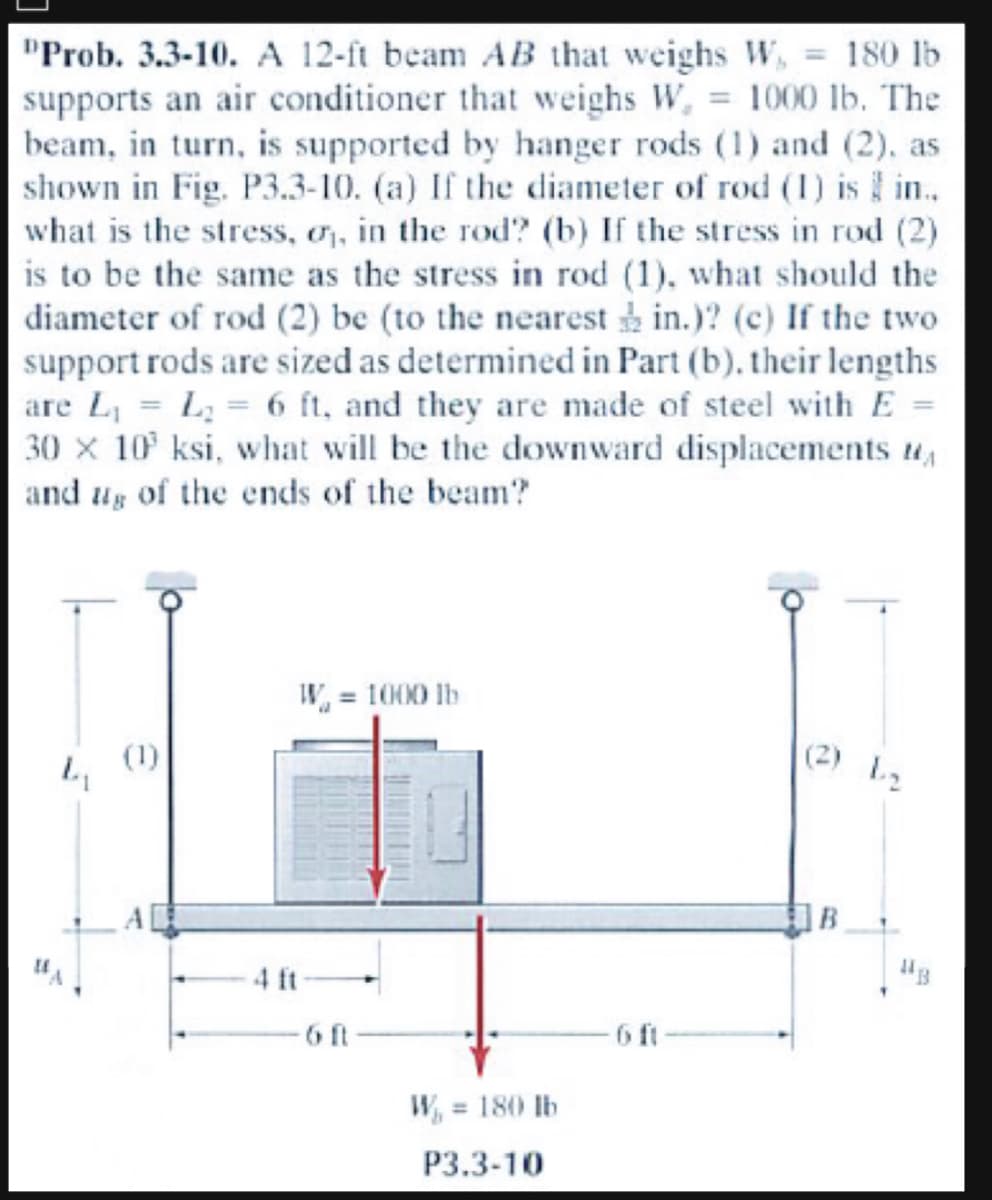 180 lb
"Prob. 3.3-10. A 12-ft beam AB that weighs W,
supports an air conditioner that weighs W, = 1000 lb. The
beam, in turn, is supported by hanger rods (1) and (2), as
shown in Fig. P3.3-10. (a) If the diameter of rod (1) is in..
what is the stress, or, in the rod? (b) If the stress in rod (2)
is to be the same as the stress in rod (1), what should the
diameter of rod (2) be (to the nearest in.)? (c) If the two
support rods are sized as determined in Part (b), their lengths
are L₁ L₂= 6 ft, and they are made of steel with E =
30 x 10 ksi, what will be the downward displacements A
and ug of the ends of the beam?
4₁
(1)
W₁ = 1000 lb
6 ft
W₁ = 180 lb
P3.3-10
B